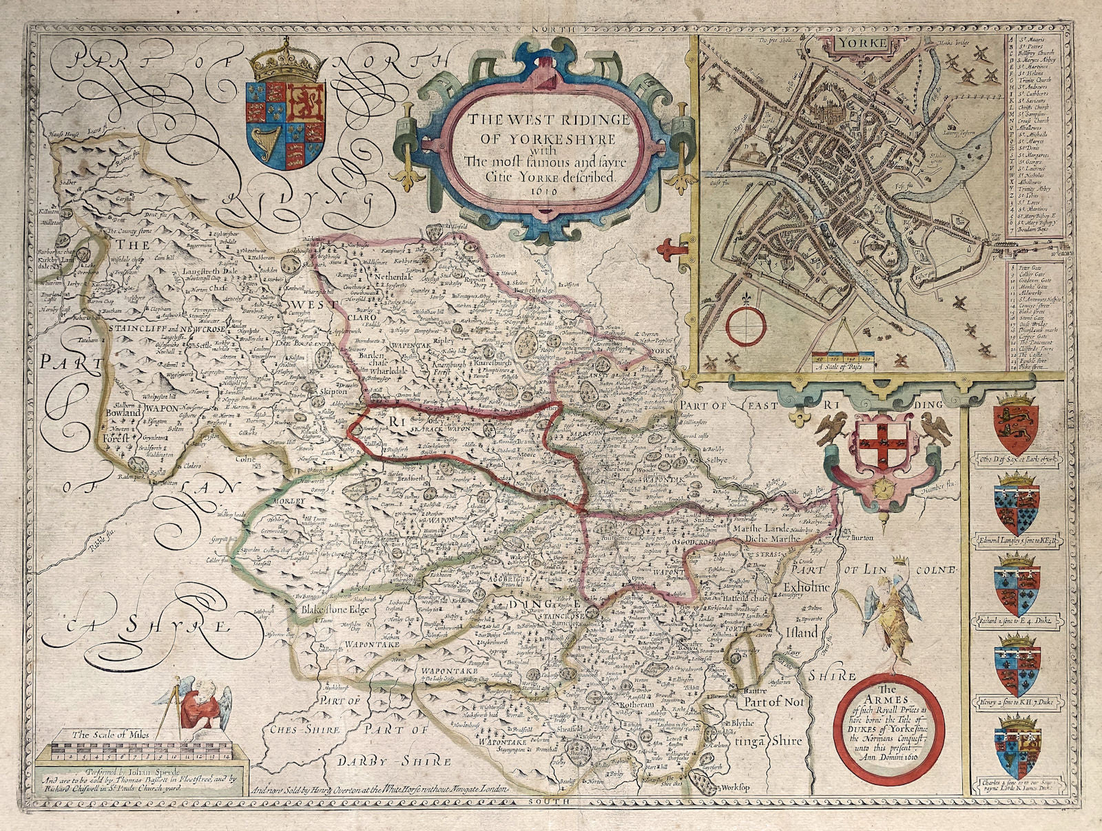 Yorkeshyre. Yorkshire West Riding county map by John Speed. Overton edition 1710